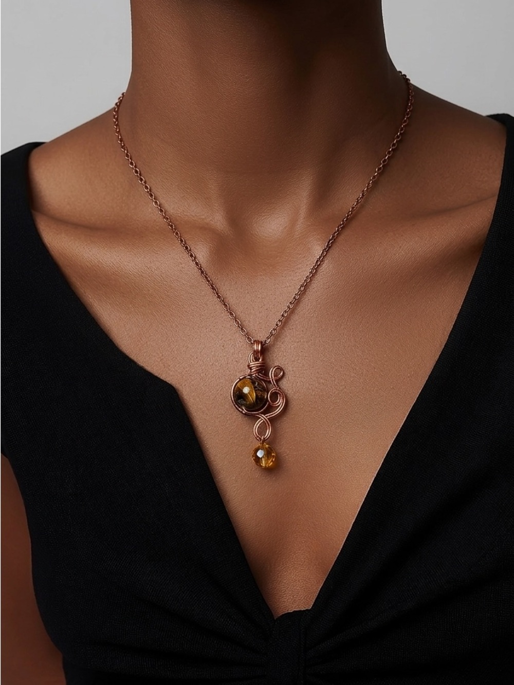 Copper Wire Wrapped Tiger’s eye Pendant Necklace -☑️